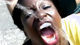 Horny pervs pee in black Maries mouth