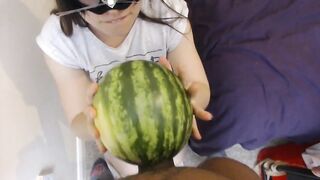 Blowjob and melon fucking. 1 guy 1 girl and a melon.